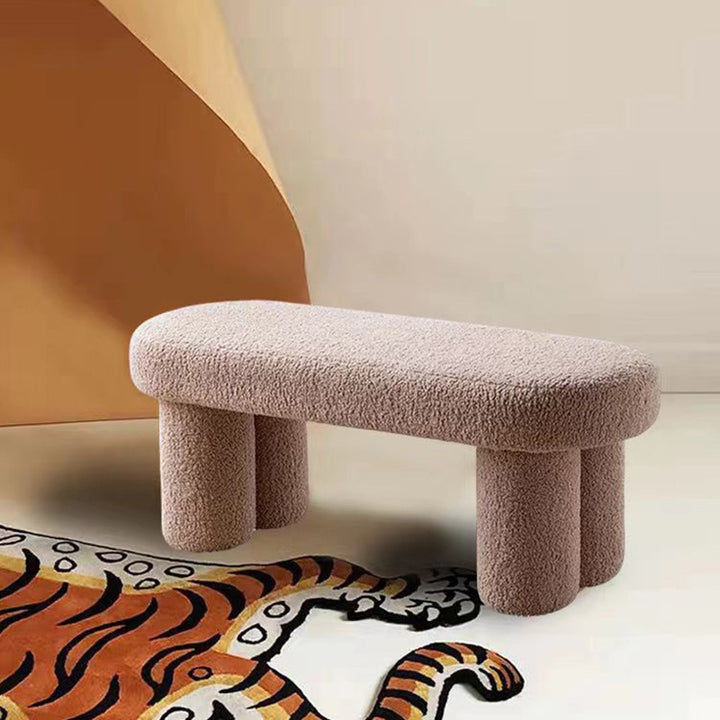 Modern Minimalist Round Rectangular Solid Wood Sherpa Fabric Sponge Bench For Living Room