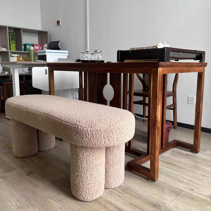 Modern Minimalist Round Rectangular Solid Wood Sherpa Fabric Sponge Bench For Living Room