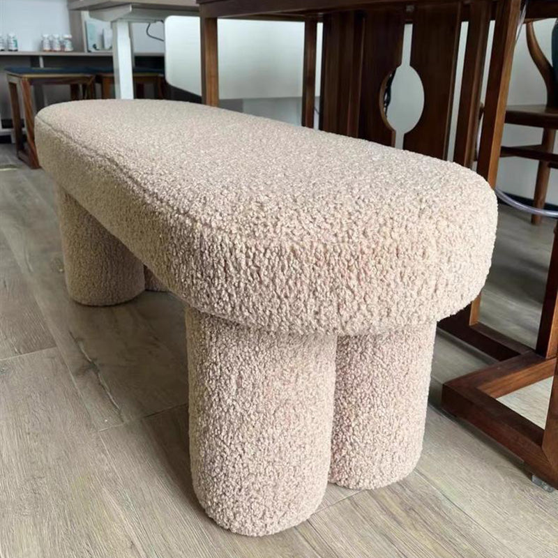 Modern Minimalist Round Rectangular Solid Wood Sherpa Fabric Sponge Bench For Living Room