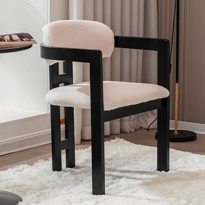 Traditional Vintage Curved Solid Wood Sherpa Fabric PU Leather Sponge Dining Chair Backrest Armrest For Dining Room