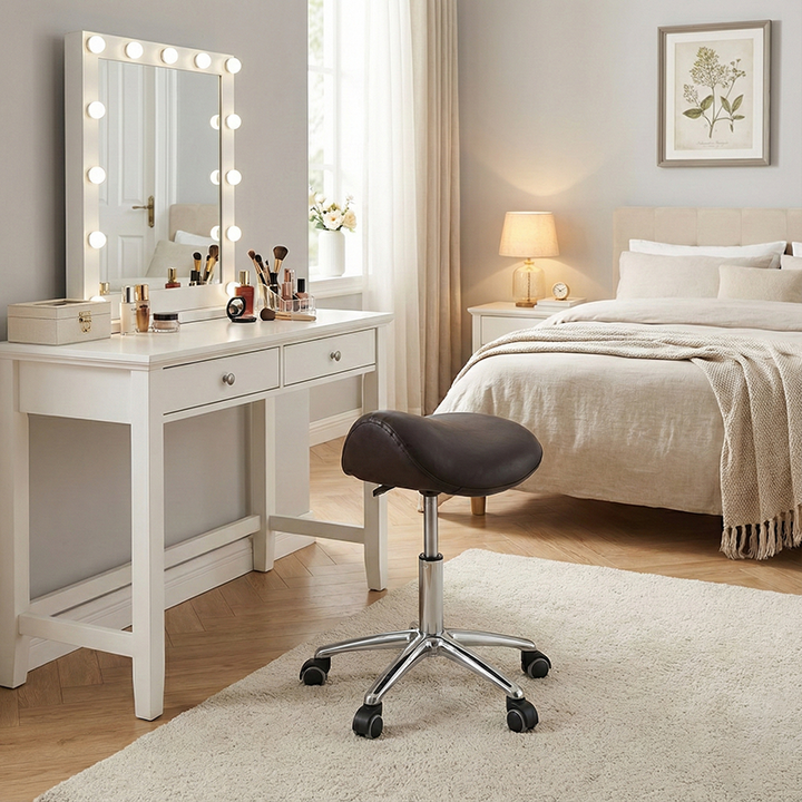 Moderner minimalistischer gebogener PU-Leder-Eisen-Schwamm-Schminkhocker, beweglich für das Schlafzimmer 