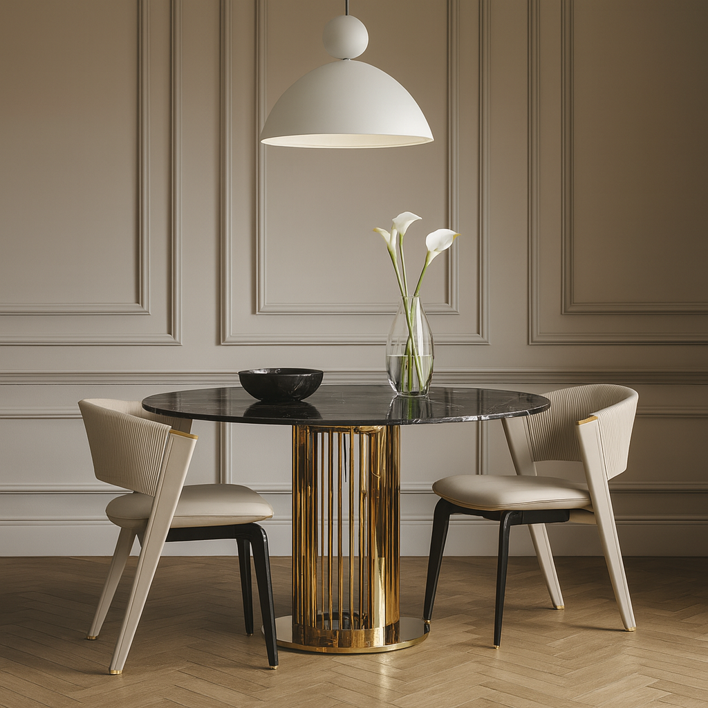 Moderner minimalistischer gebogener PU-Leder Massivholz Schwamm Edelstahl Esszimmerstuhl Rückenlehne für Esszimmer 