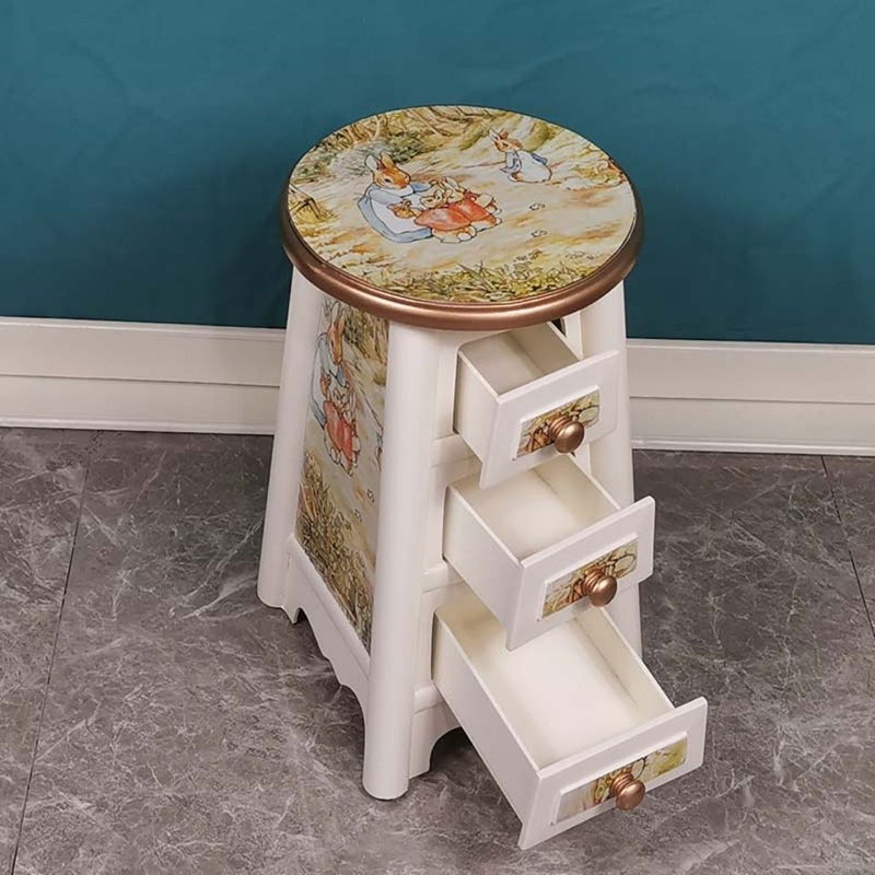 Traditional Vintage Round Solid Wood Medium Density Fiberboard Vanity Stool 3-Drawer For Bedroom