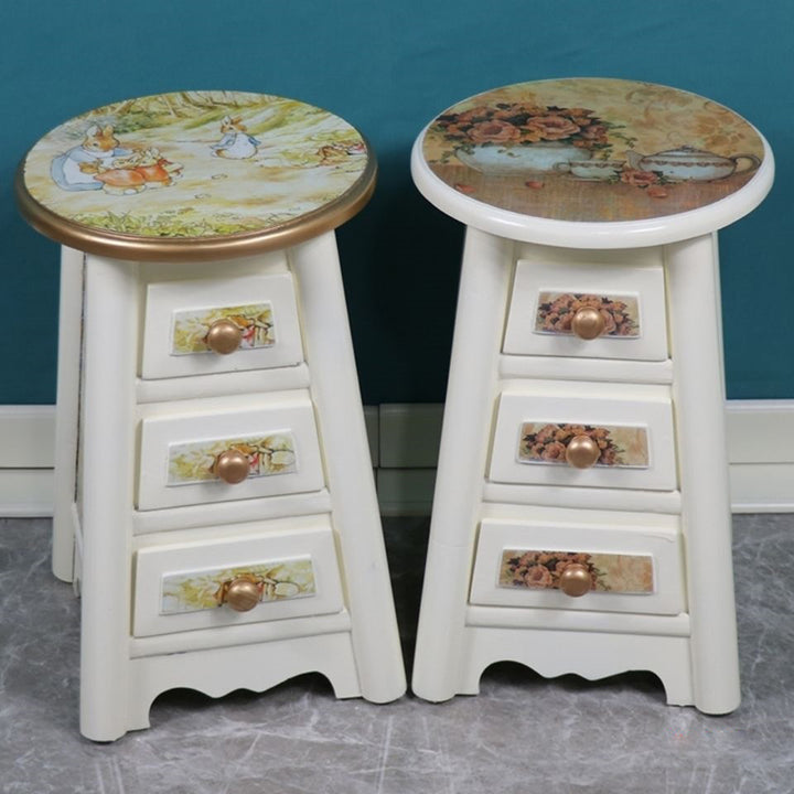 Traditional Vintage Round Solid Wood Medium Density Fiberboard Vanity Stool 3-Drawer For Bedroom