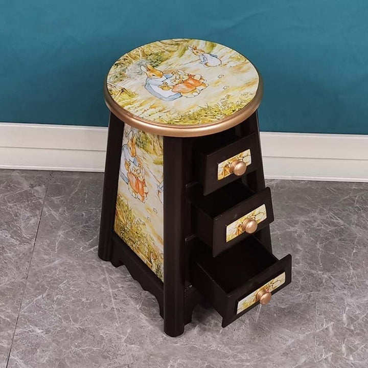 Traditional Vintage Round Solid Wood Medium Density Fiberboard Vanity Stool 3-Drawer For Bedroom