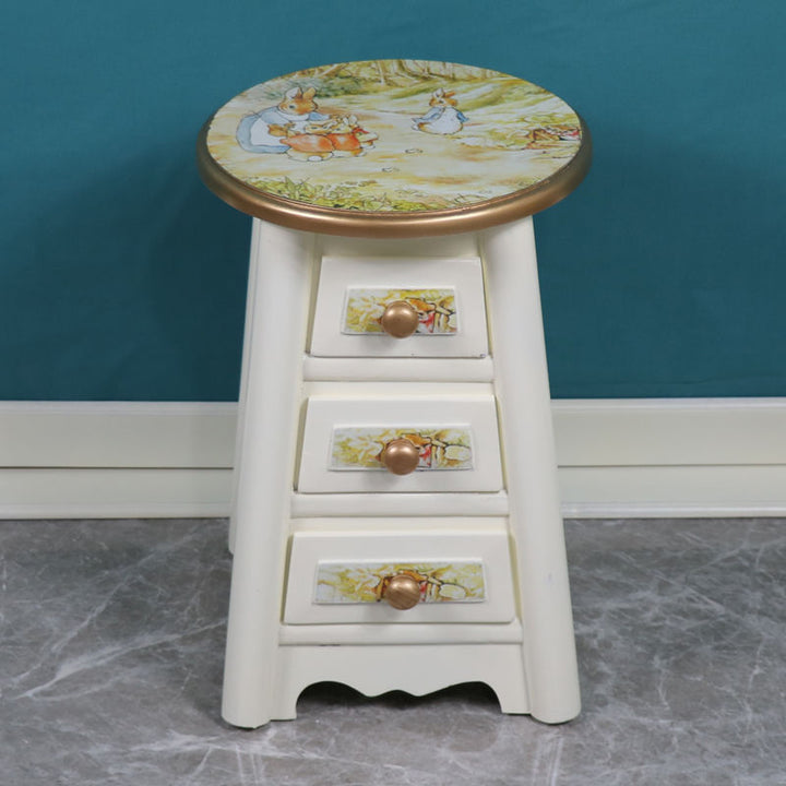Tabouret de coiffeuse traditionnel vintage rond en bois massif et panneau de fibres à densité moyenne, 3 tiroirs, pour chambre à coucher 