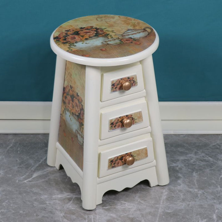 Tabouret de coiffeuse traditionnel vintage rond en bois massif et panneau de fibres à densité moyenne, 3 tiroirs, pour chambre à coucher 