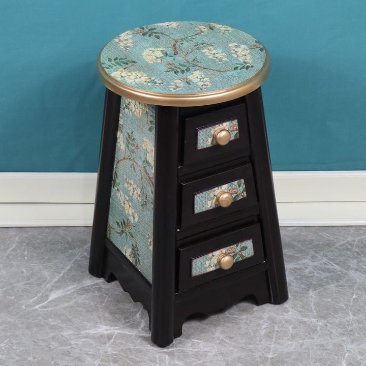 Traditional Vintage Round Solid Wood Medium Density Fiberboard Vanity Stool 3-Drawer For Bedroom