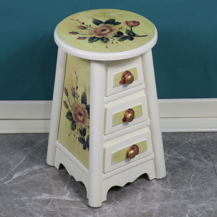 Traditional Vintage Round Solid Wood Medium Density Fiberboard Vanity Stool 3-Drawer For Bedroom