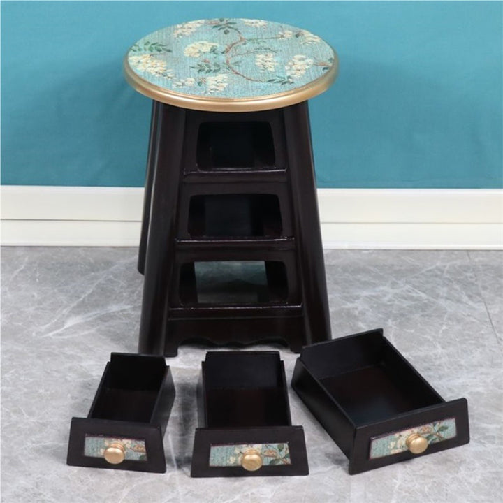 Traditional Vintage Round Solid Wood Medium Density Fiberboard Vanity Stool 3-Drawer For Bedroom