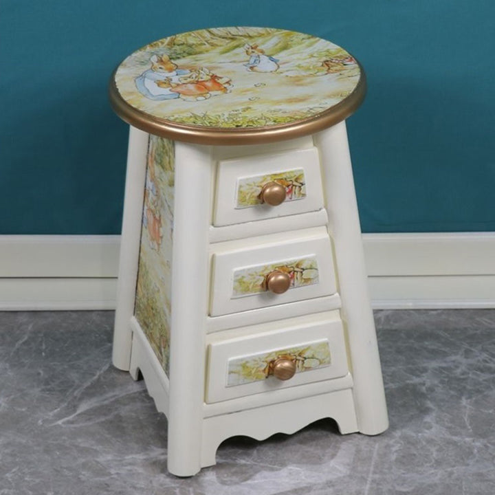 Traditional Vintage Round Solid Wood Medium Density Fiberboard Vanity Stool 3-Drawer For Bedroom