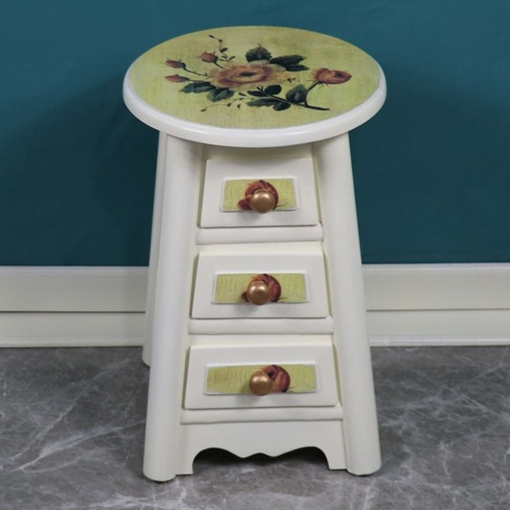 Traditional Vintage Round Solid Wood Medium Density Fiberboard Vanity Stool 3-Drawer For Bedroom