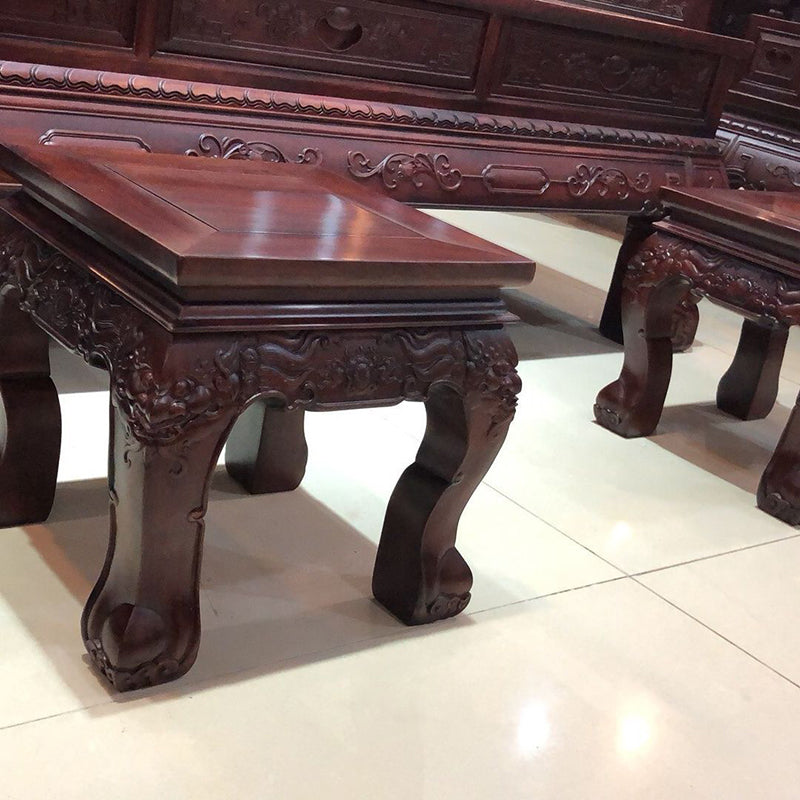 Tabouret traditionnel vintage carré en bois massif avec motif sculpté pour salon 