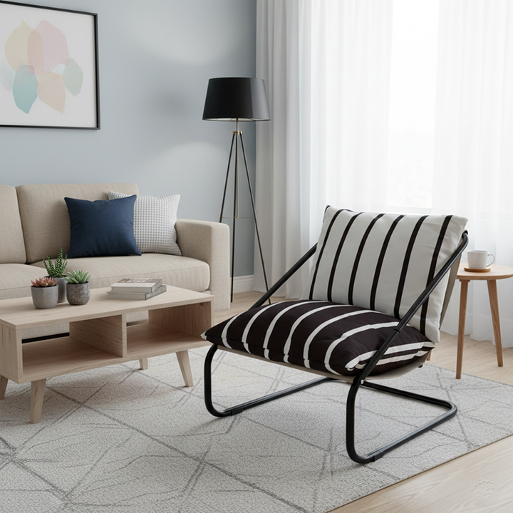 Modern Minimalist Curved Metal PP Cotton Fabric Accent Chair Backrest Armrest For Living Room