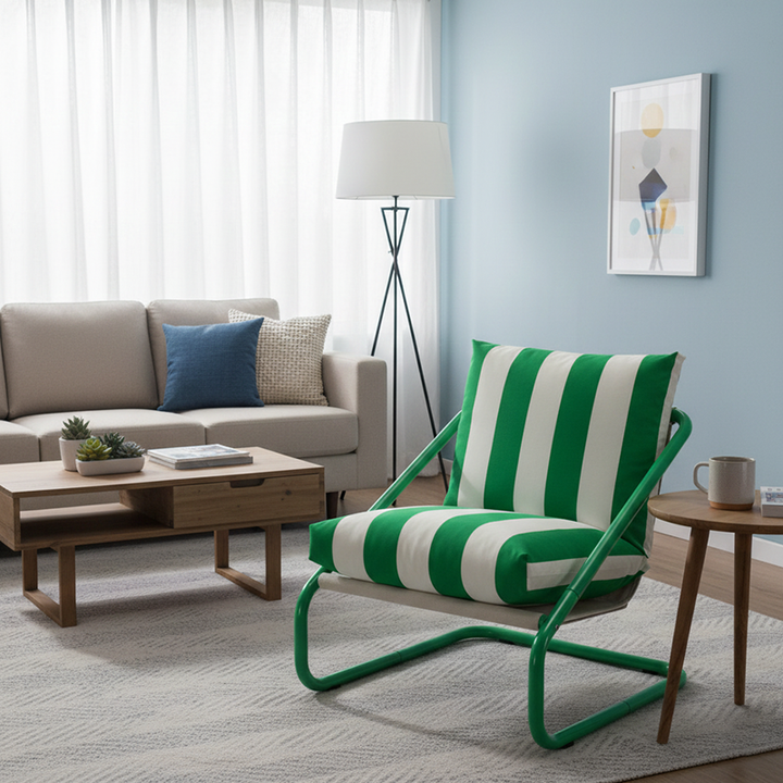 Modern Minimalist Curved Metal PP Cotton Fabric Accent Chair Backrest Armrest For Living Room
