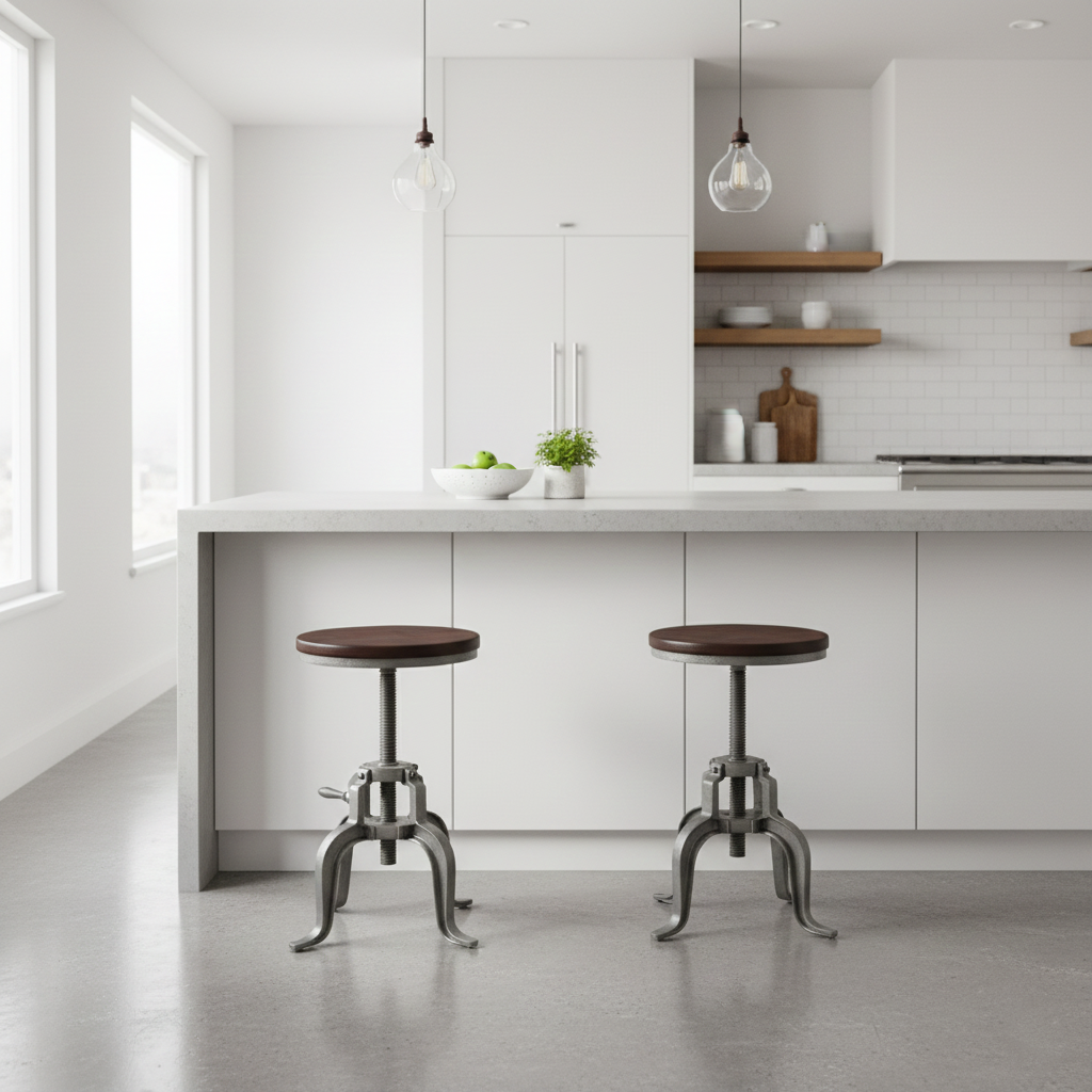 Tabouret de bar moderne minimaliste rond en fer et bois massif avec réglage de la hauteur pour salle à manger 