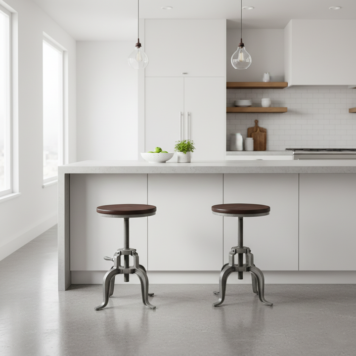 Tabouret de bar moderne minimaliste rond en fer et bois massif avec réglage de la hauteur pour salle à manger 