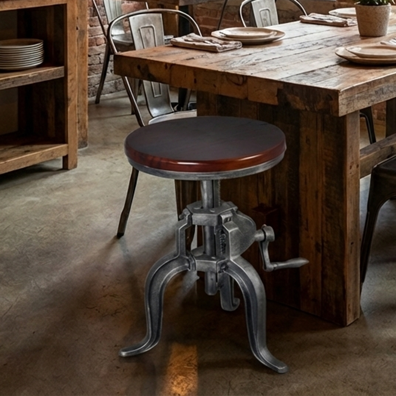 Tabouret de bar moderne minimaliste rond en fer et bois massif avec réglage de la hauteur pour salle à manger 