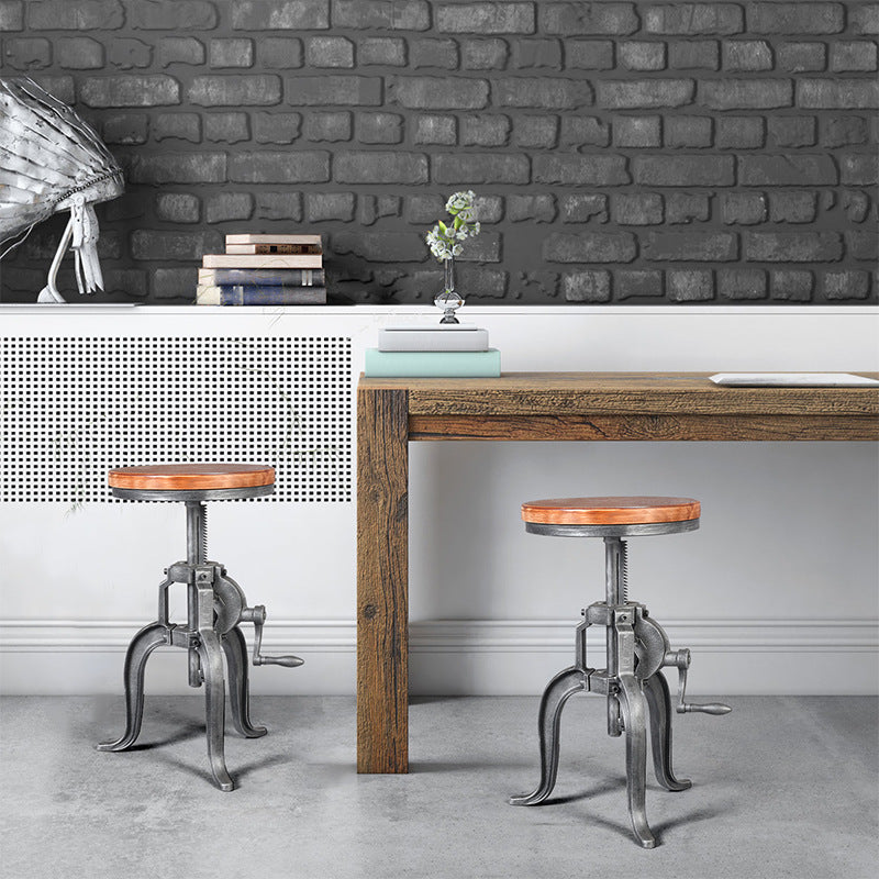 Tabouret de bar moderne minimaliste rond en fer et bois massif avec réglage de la hauteur pour salle à manger 