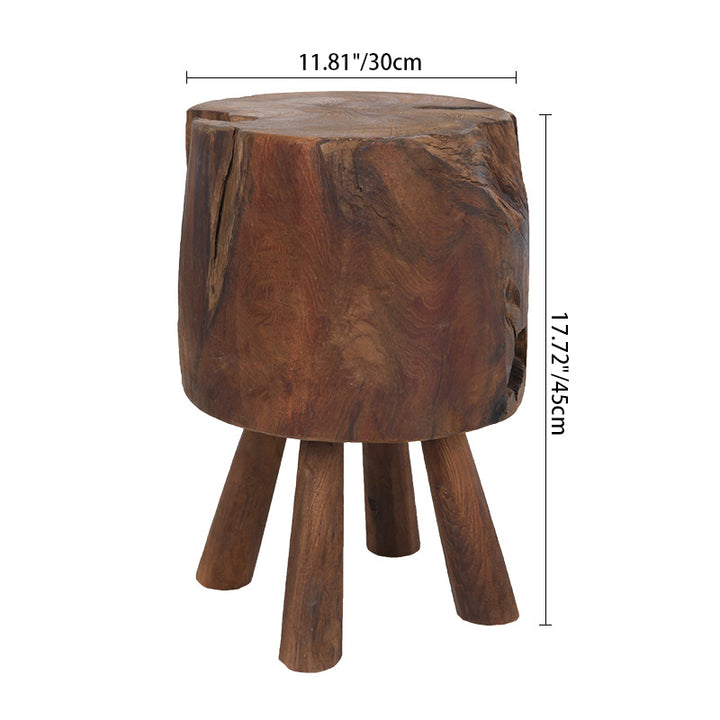 Tabouret rond rustique en bois massif - Table d'appoint vintage sculptée à la main : robuste, bord naturel et pieds évasés stables pour jardin, terrasse et maison 