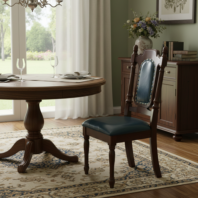 Chaise de salle à manger vintage traditionnelle incurvée avec dossier en faux cuir Nappa, bois massif et éponge pour salle à manger 