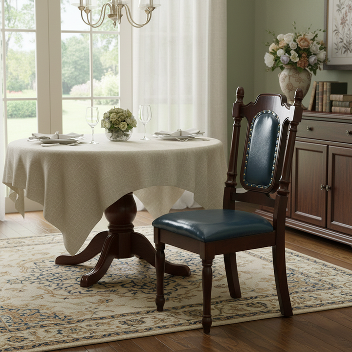 Chaise de salle à manger vintage traditionnelle incurvée avec dossier en faux cuir Nappa, bois massif et éponge pour salle à manger 