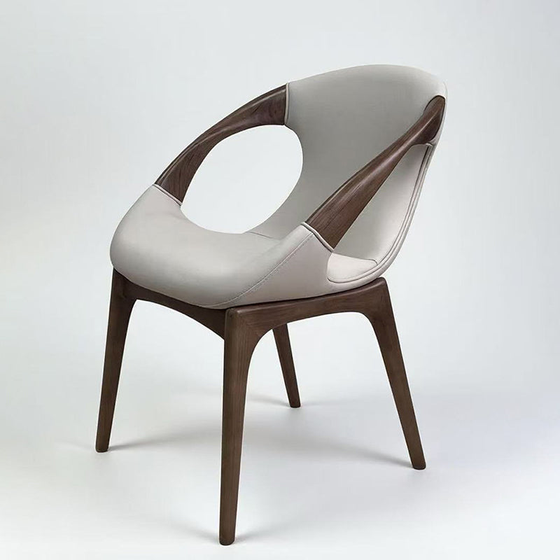 Modern Luxury Curved Tech White Ash Wood Sponge PU Leather Dining Chair Backrest Armrest For Dining Room