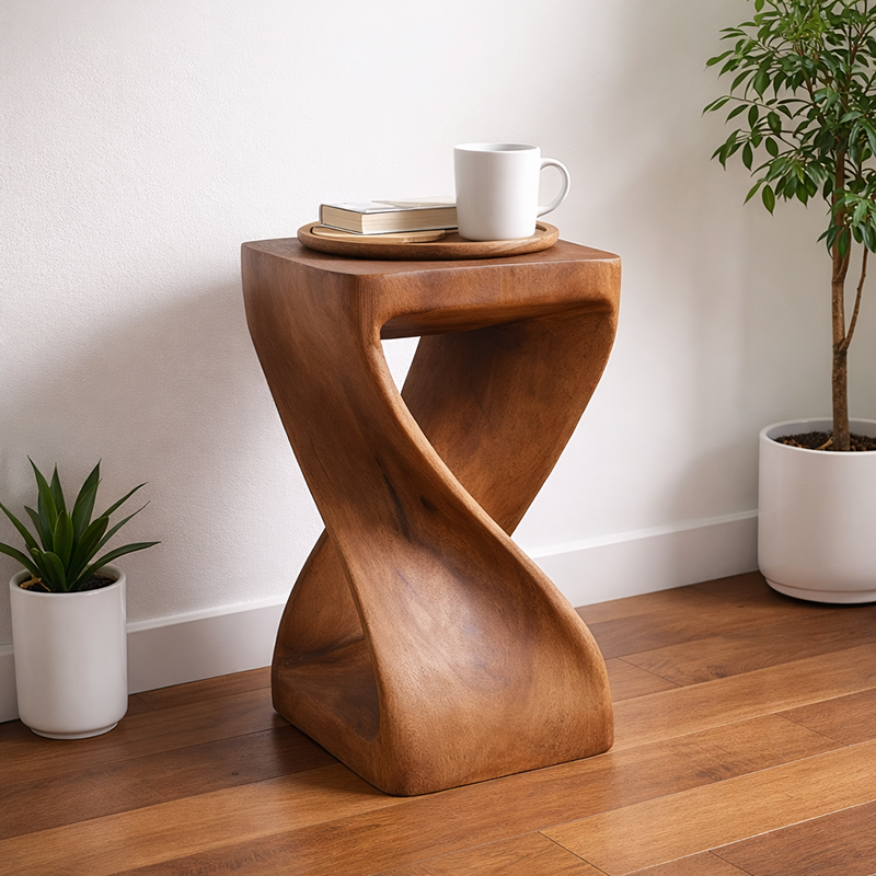 Taburete de pie de madera maciza en espiral estilo Art Deco moderno con diseño calado para sala de estar 