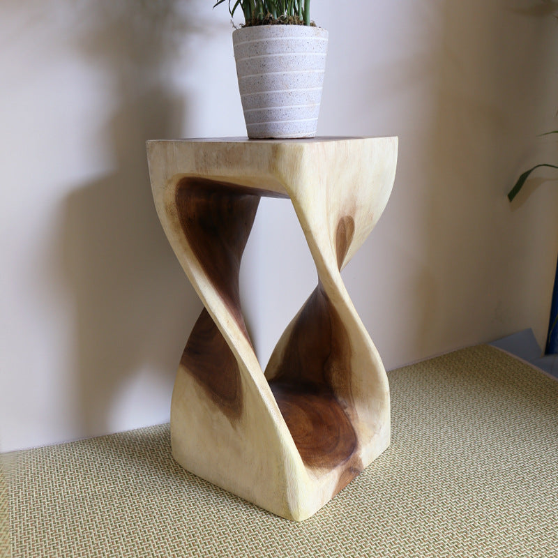 Taburete de pie de madera maciza en espiral estilo Art Deco moderno con diseño calado para sala de estar 
