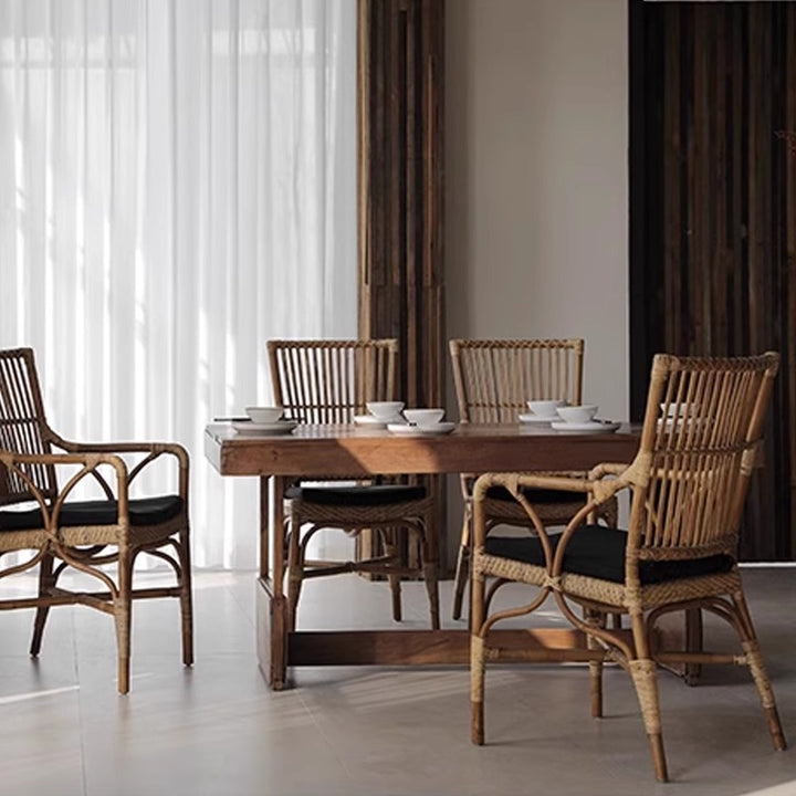 Traditional Vintage Curved Fabric Rattan Sponge Dining Chair Backrest Armrest For Dining Room