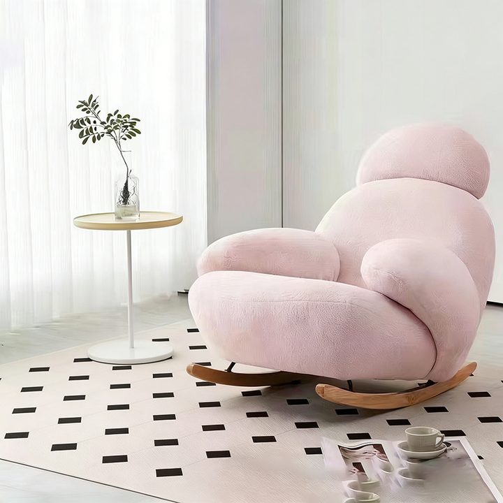 Silla mecedora de madera maciza con respaldo y apoyabrazos, tapizada en sherpa curvada de estilo minimalista moderno para sala de estar 