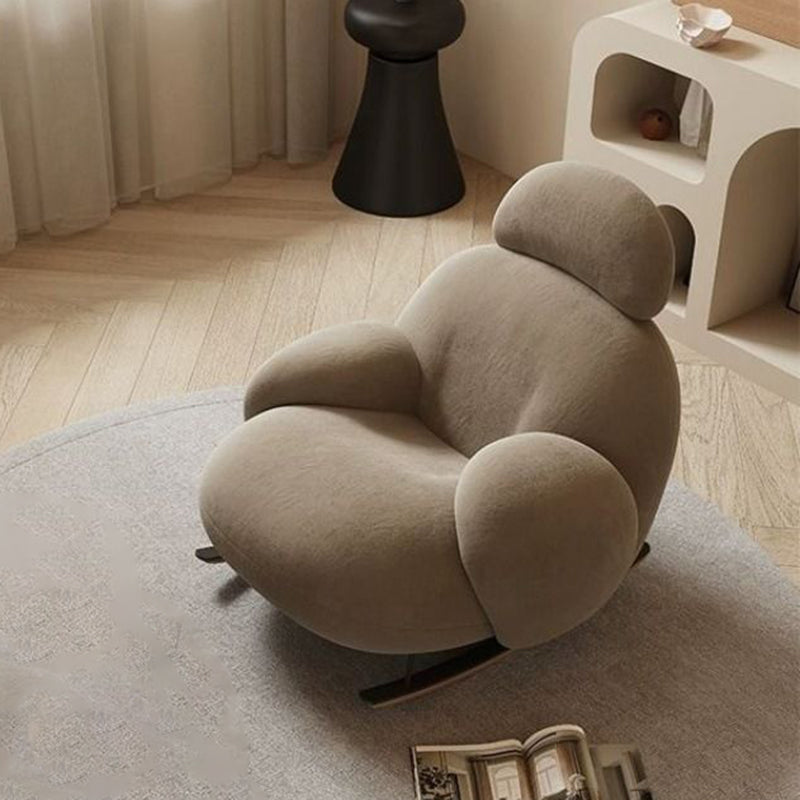 Silla mecedora de madera maciza con respaldo y apoyabrazos, tapizada en sherpa curvada de estilo minimalista moderno para sala de estar 