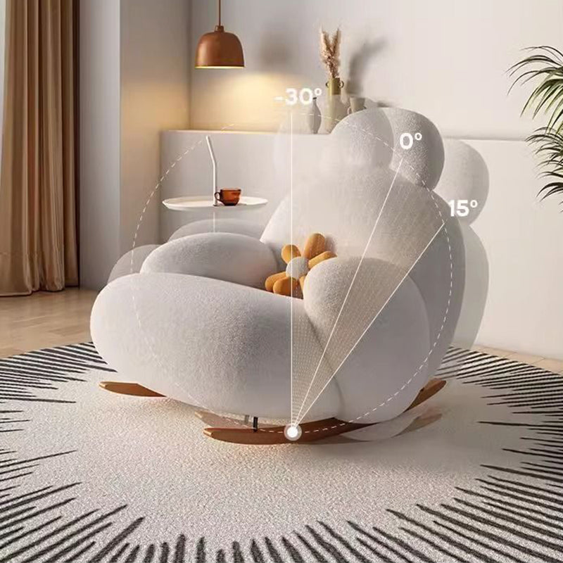 Silla mecedora de madera maciza con respaldo y apoyabrazos, tapizada en sherpa curvada de estilo minimalista moderno para sala de estar 