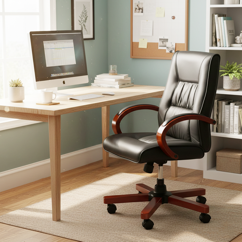 Moderner minimalistischer gebogener PU-Leder-Schwamm-Massivholz-Nylon-Schreibtischstuhl mit Rückenlehne und Armlehne für das Home Office 