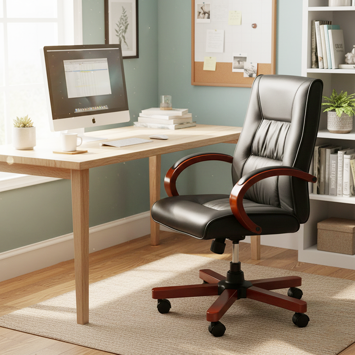 Moderner minimalistischer gebogener PU-Leder-Schwamm-Massivholz-Nylon-Schreibtischstuhl mit Rückenlehne und Armlehne für das Home Office 