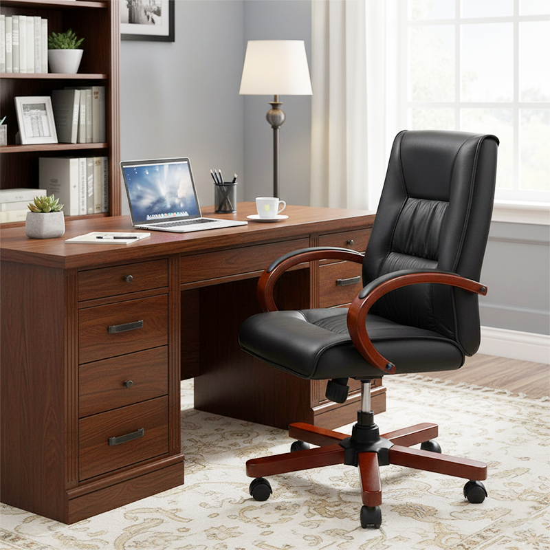 Moderner minimalistischer gebogener PU-Leder-Schwamm-Massivholz-Nylon-Schreibtischstuhl mit Rückenlehne und Armlehne für das Home Office 