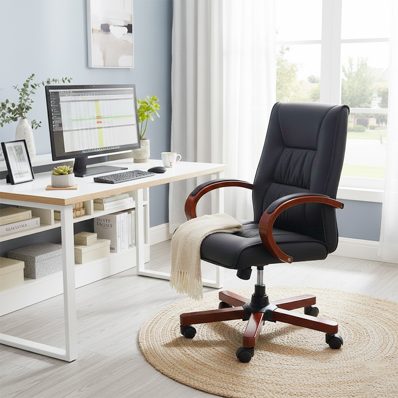 Moderner minimalistischer gebogener PU-Leder-Schwamm-Massivholz-Nylon-Schreibtischstuhl mit Rückenlehne und Armlehne für das Home Office 
