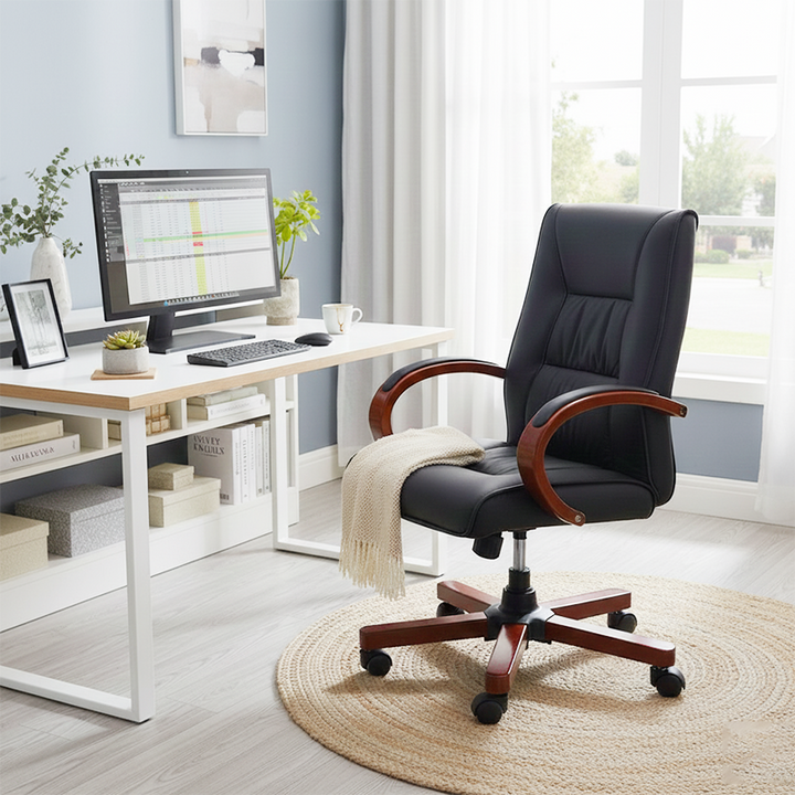Moderner minimalistischer gebogener PU-Leder-Schwamm-Massivholz-Nylon-Schreibtischstuhl mit Rückenlehne und Armlehne für das Home Office 