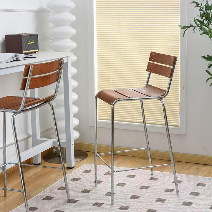 Modern Minimalist Rectangular Bar Stool - Solid Wood Multi-layer Board, Sleek Metal Frame: Durable Finish &amp; Stable Support For Kitchen And Dining Room