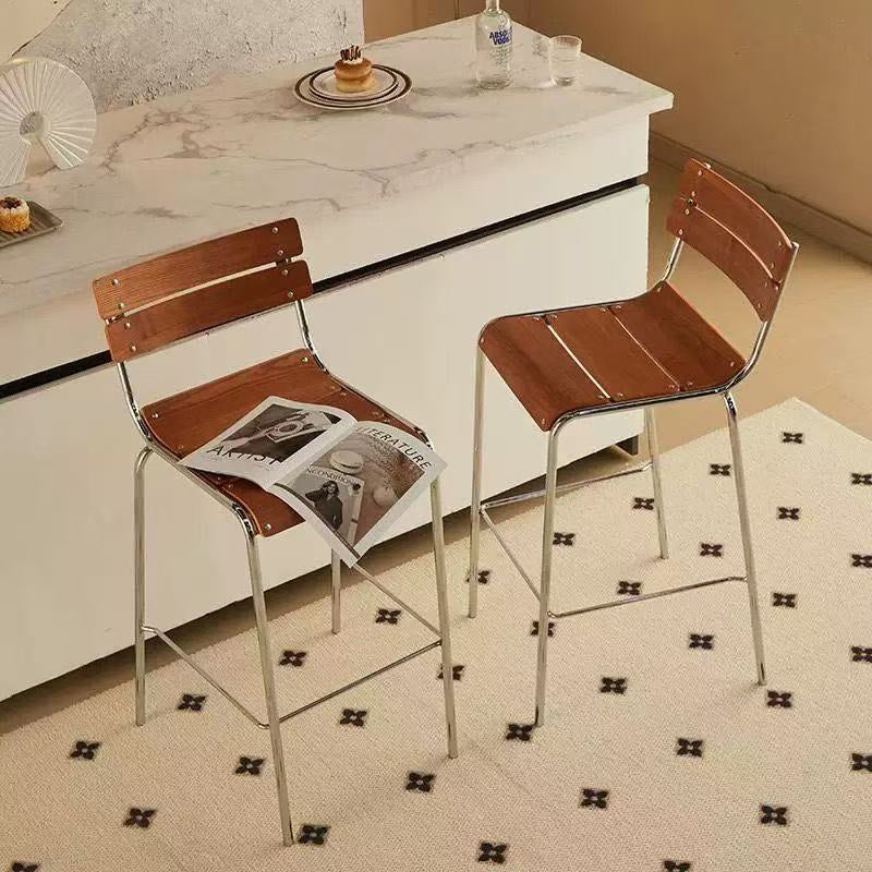 Modern Minimalist Rectangular Bar Stool - Solid Wood Multi-layer Board, Sleek Metal Frame: Durable Finish &amp; Stable Support For Kitchen And Dining Room