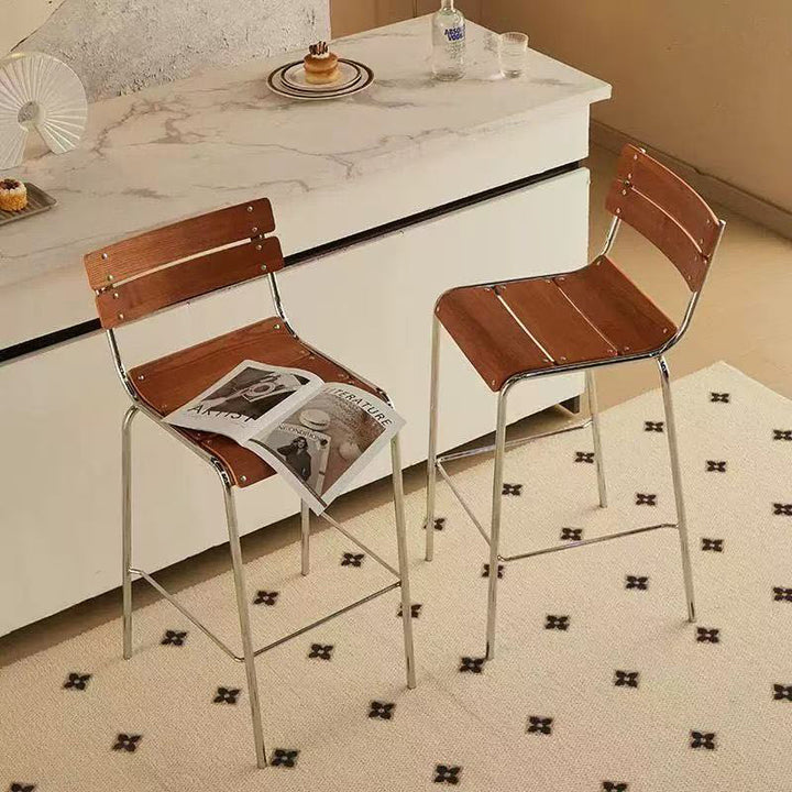 Modern Minimalist Rectangular Bar Stool - Solid Wood Multi-layer Board, Sleek Metal Frame: Durable Finish & Stable Support For Kitchen And Dining Room