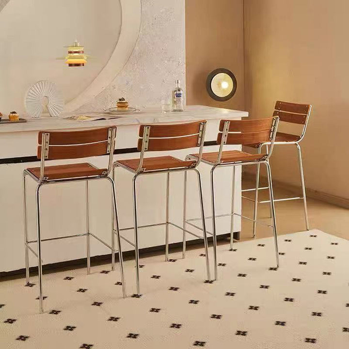 Modern Minimalist Rectangular Bar Stool - Solid Wood Multi-layer Board, Sleek Metal Frame: Durable Finish &amp; Stable Support For Kitchen And Dining Room