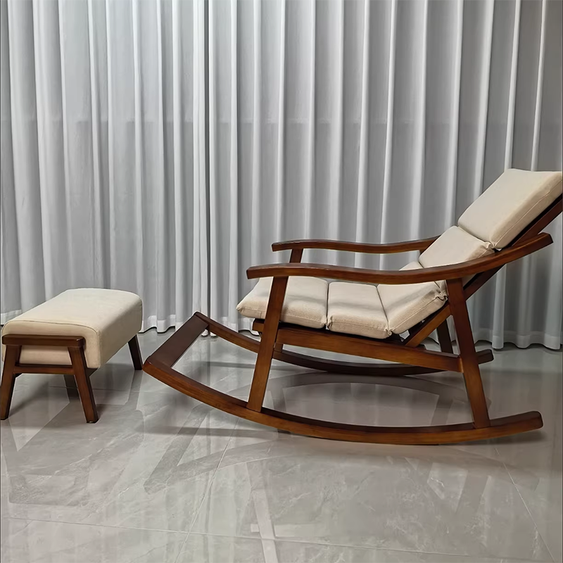 Modern Minimalist Walnut Wood Rubberwood Linen Ergonomic Backrest Rocking Chair With Armrests For Living Room And Bedroom