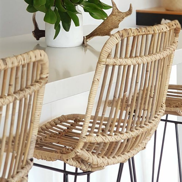 Contemporary Boho Rectangular Dining Chair - Premium Indonesian Rattan: Handwoven Natural Weave, Eco-Friendly Comfort &amp; Sturdy Iron Legs For Dining Room
