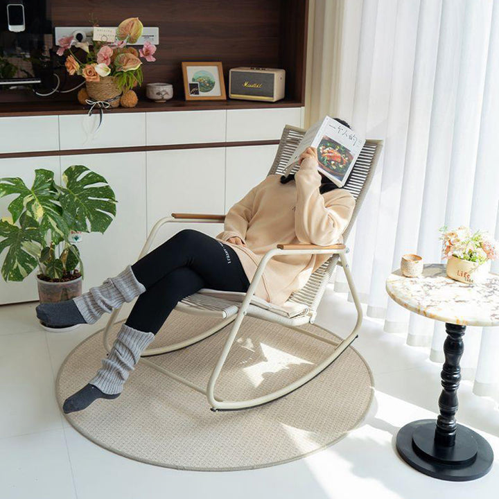 Modern Minimalist Linen PE Solid Wood Plywood Carbon Steel Rectangular Rocking Chair Armrest Backrest For Living Room