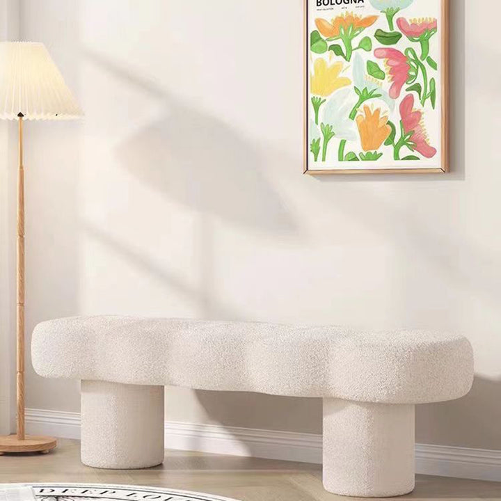 Banc rectangulaire en bois massif avec revêtement en laine d’agneau nordique contemporain pour salon 