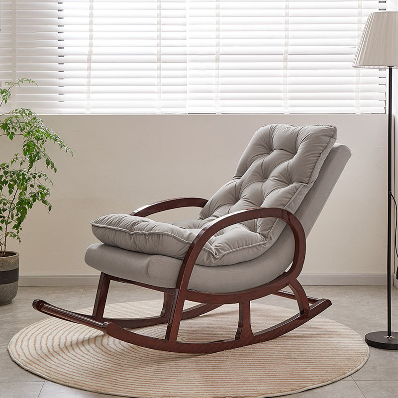 Silla mecedora rectangular de madera de caucho y terciopelo, minimalista moderna, con respaldo y reposabrazos, para sala de estar 