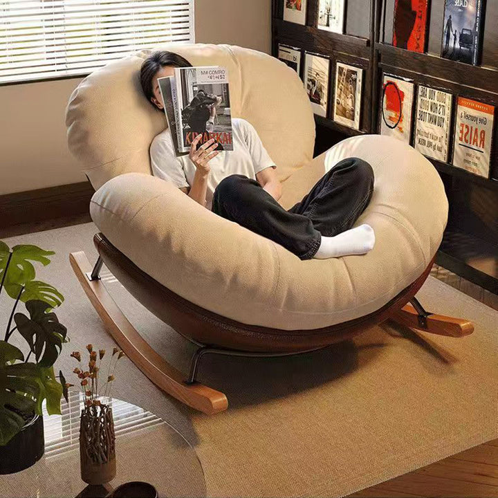 Chaise à bascule ronde contemporaine nordique en tissu tissé, cuir anti-griffures pour chat, bois d'hévéa, acier au carbone, avec dossier et accoudoirs pour salon 