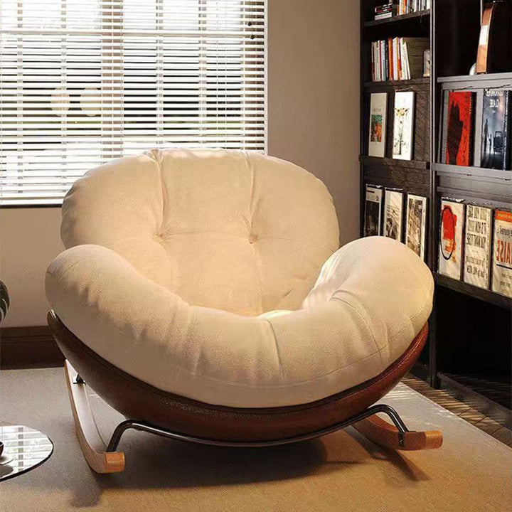 Chaise à bascule ronde contemporaine nordique en tissu tissé, cuir anti-griffures pour chat, bois d'hévéa, acier au carbone, avec dossier et accoudoirs pour salon 