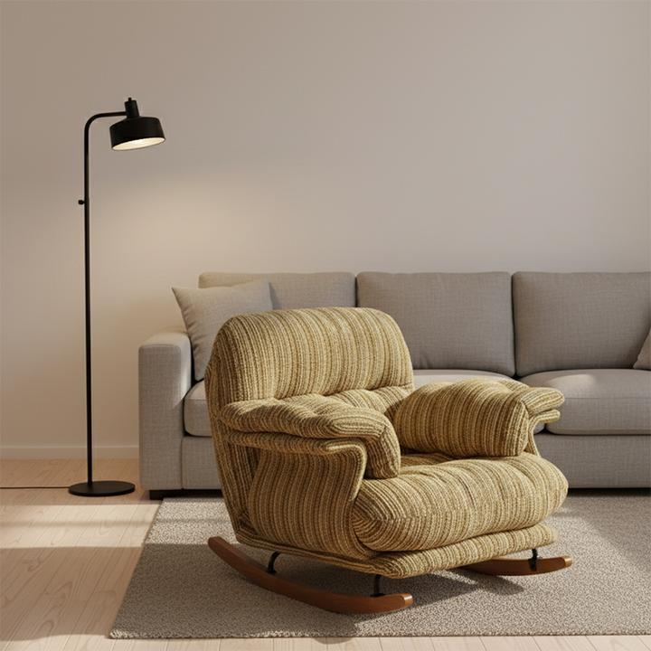 Chaise à bascule carrée contemporaine nordique en bois massif, fer et coton-lin, avec accoudoirs et dossier réglable pour salon 
